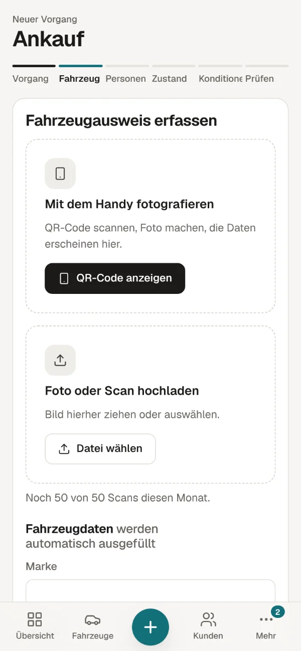 Neuer Ankauf am Handy: Fahrzeugausweis mit dem Handy fotografieren oder Foto hochladen.
